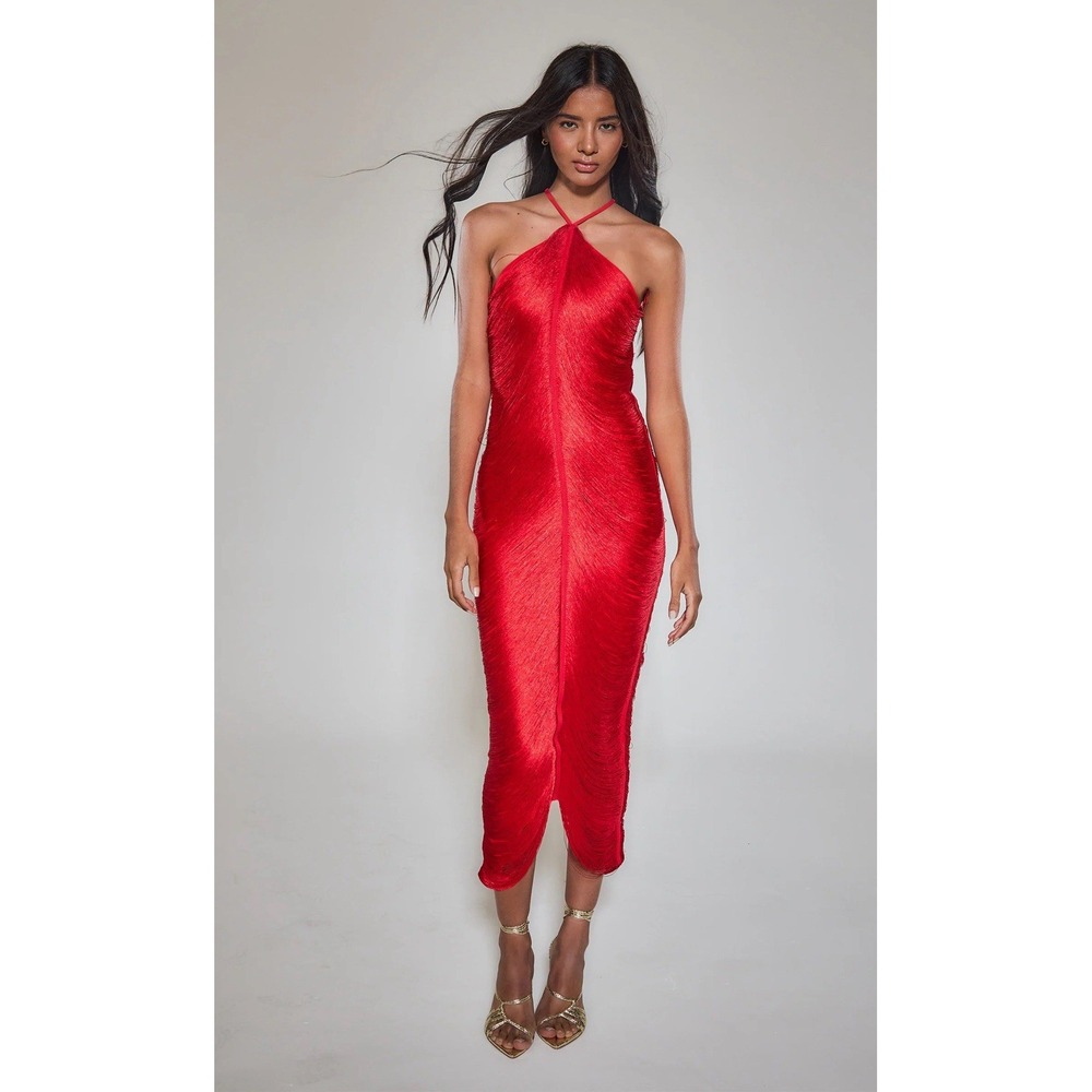 NEW RARE LONDON Halterneck Fringe Maxi Dress Red Size UK 10 US 6 Evening